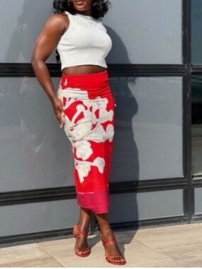 ZARA Red White Floral Linen Cotton Pencil Skirt